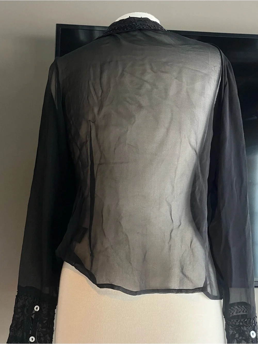 ECI Chiffon Sheer Black Beaded Long-Sleeve Women's Top - Picture 4 of 7